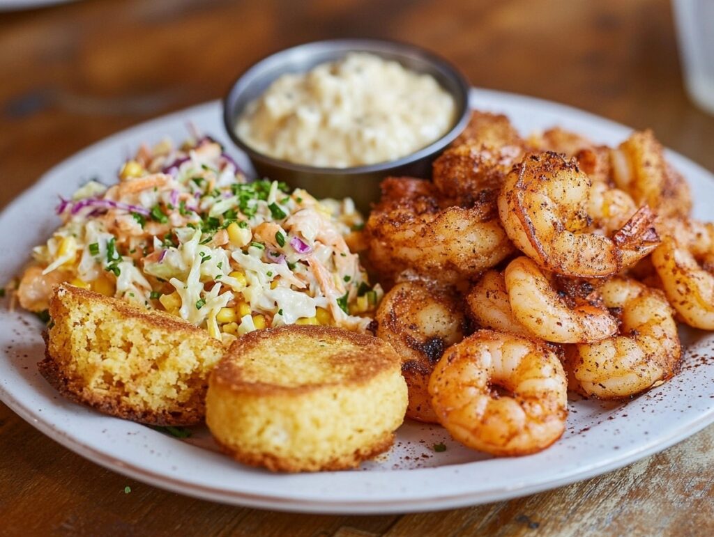 Cajun shrimp with cornbread, coleslaw, and hush puppies on a wooden table