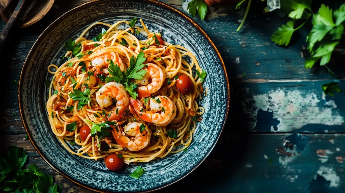 Creamy shrimp pasta garnished with parsley on a wooden table