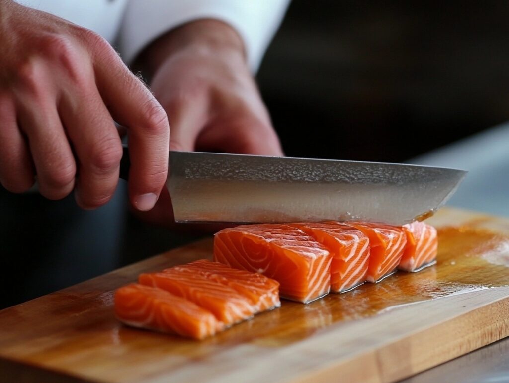 A chef slicing salmon sashimi on a wooden cutting board