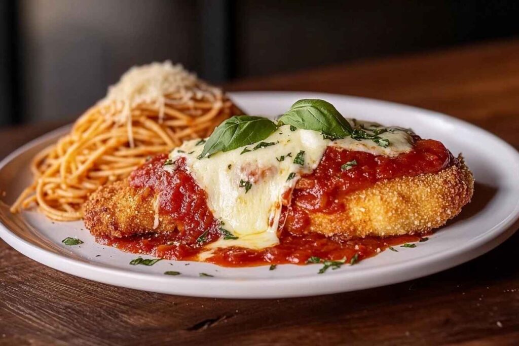 Plate of Chicken Parmesan with crispy breading, marinara sauce, melted cheese, and fresh basil