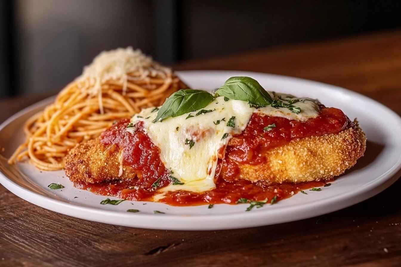 Plate of Chicken Parmesan with crispy breading, marinara sauce, melted cheese, and fresh basil