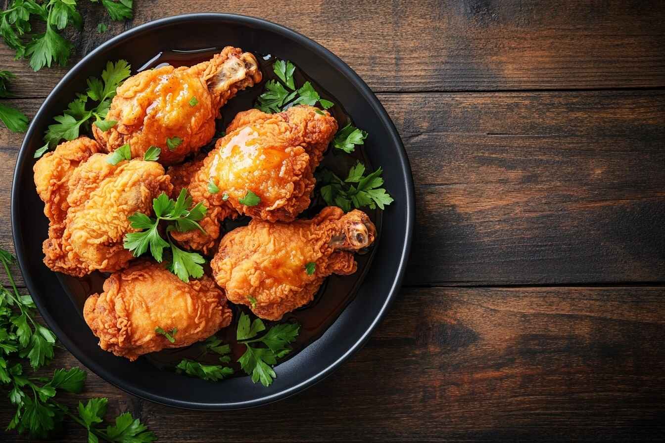 A plated dish of crispy fried chicken and golden waffles with syrup.