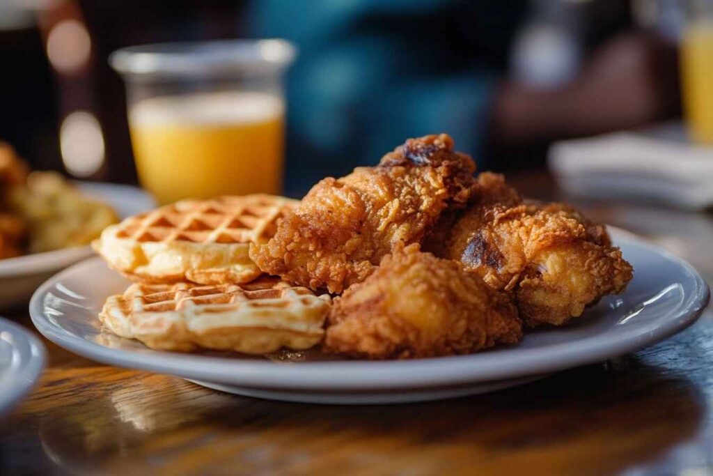 A vintage diner scene with plates of food being served in a nostalgic 1930s Harlem vibe