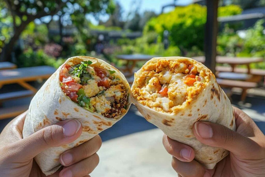 Hands holding a breakfast burrito and a breakfast wrap side by side on a picnic table