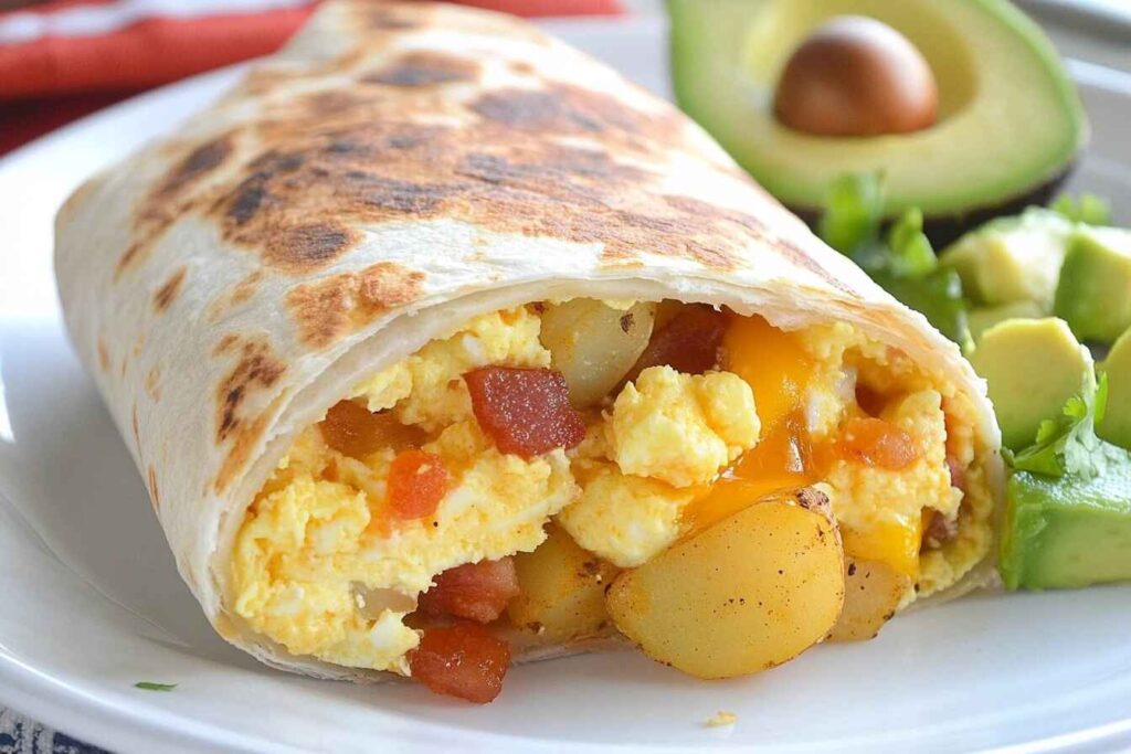 A sliced breakfast burrito showing scrambled eggs, bacon, cheese, and potatoes with salsa and avocado.