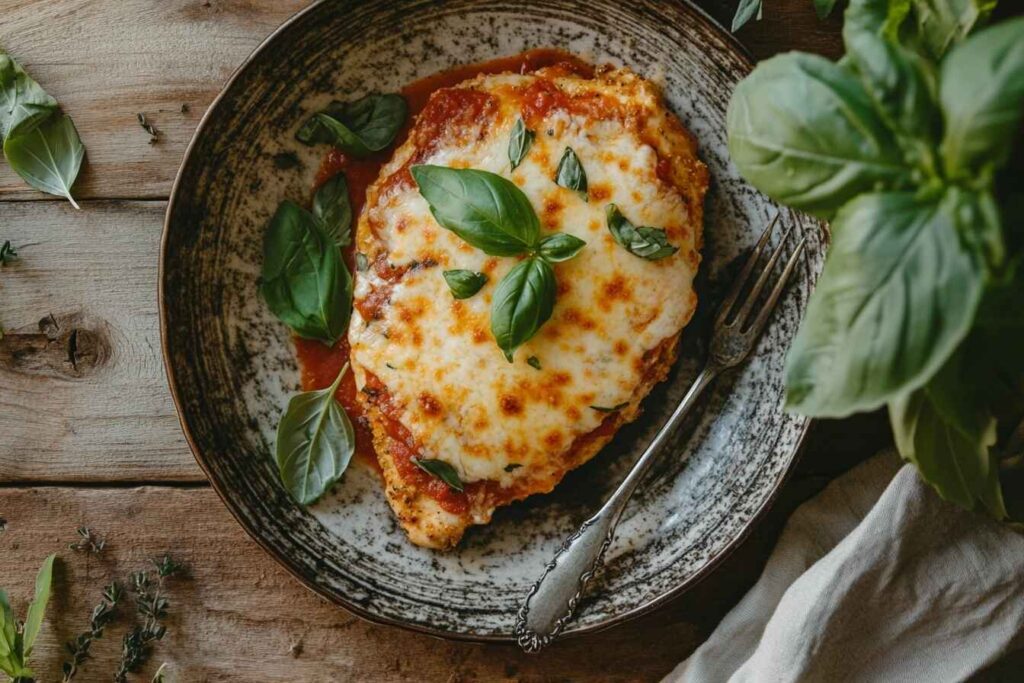 Plated Chicken Parmigiana with melted cheese and marinara sauce on a rustic wooden table