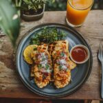 A top-view of crispy fried chicken on golden waffles, drizzled with maple syrup, with a side of hot sauce and orange juice on a rustic table