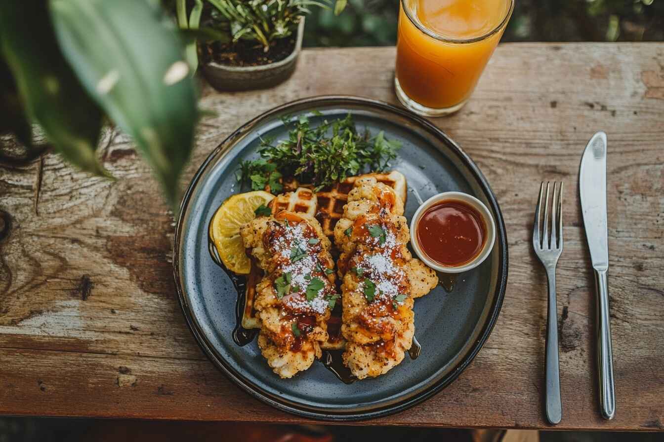 A top-view of crispy fried chicken on golden waffles, drizzled with maple syrup, with a side of hot sauce and orange juice on a rustic table