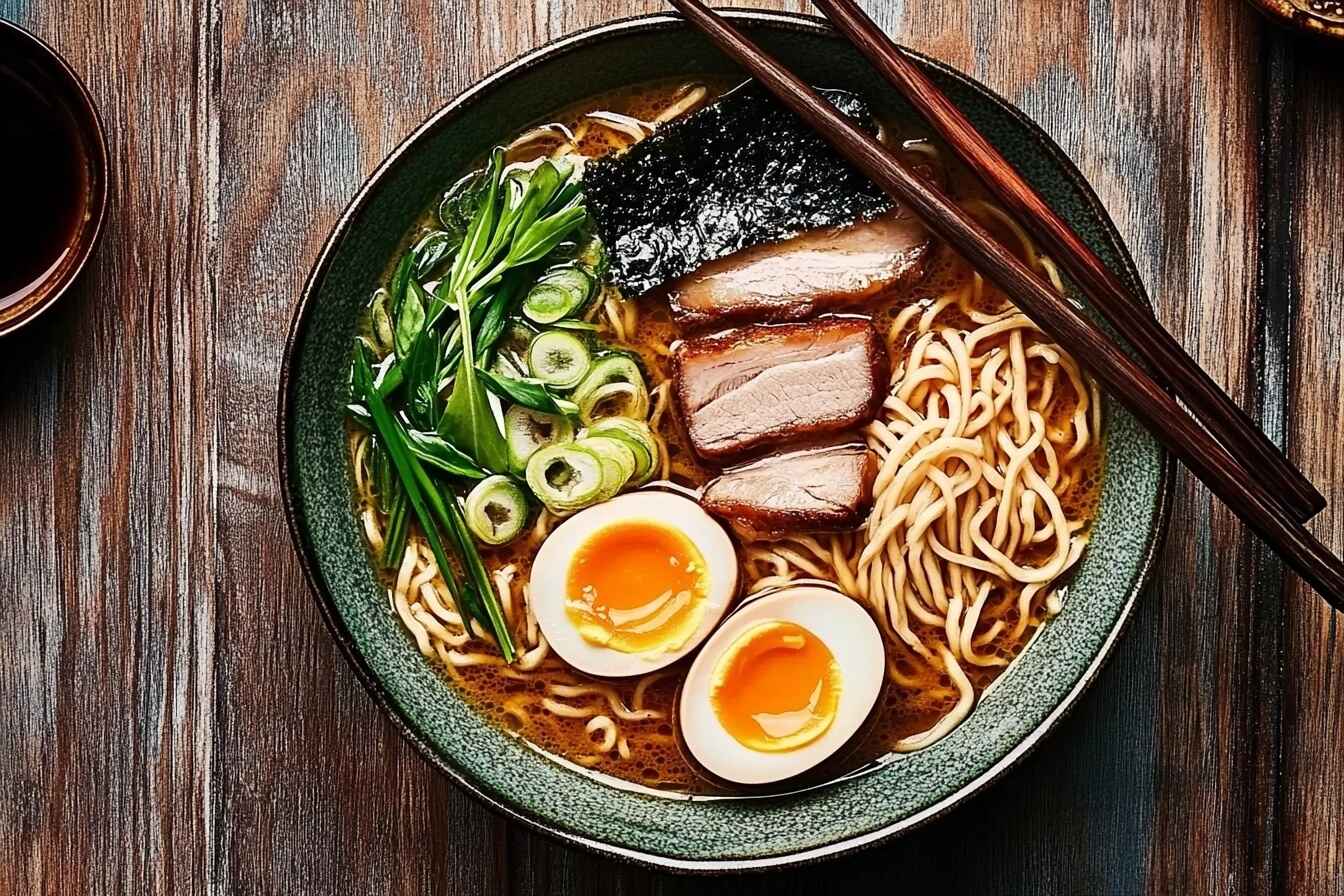 A bowl of ramen featuring soy-based broth, chashu pork, soft-boiled egg, nori, scallions, and noodles