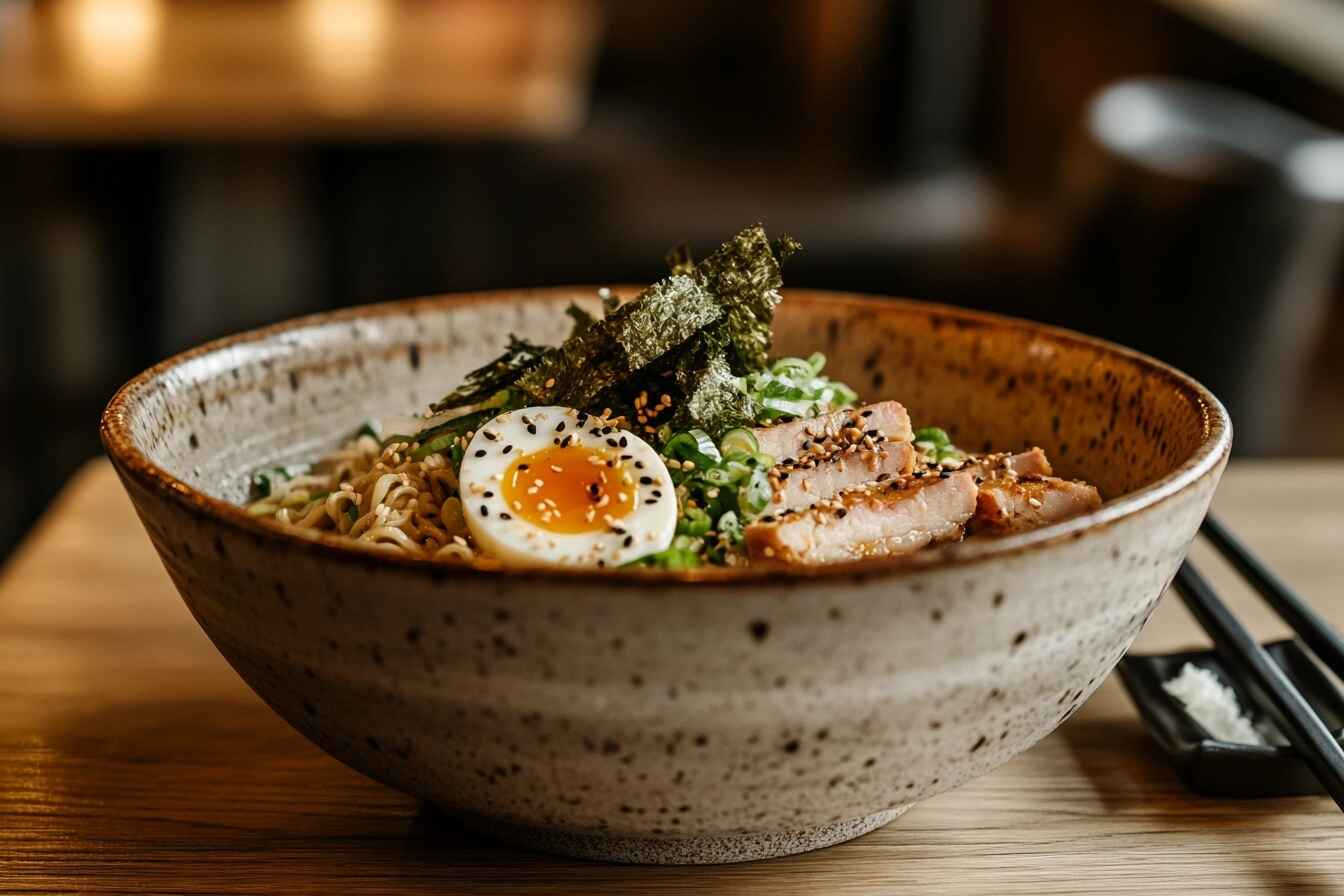 Ramen noodle bowl with soy sauce broth, soft-boiled egg, sliced pork, nori, and green onions