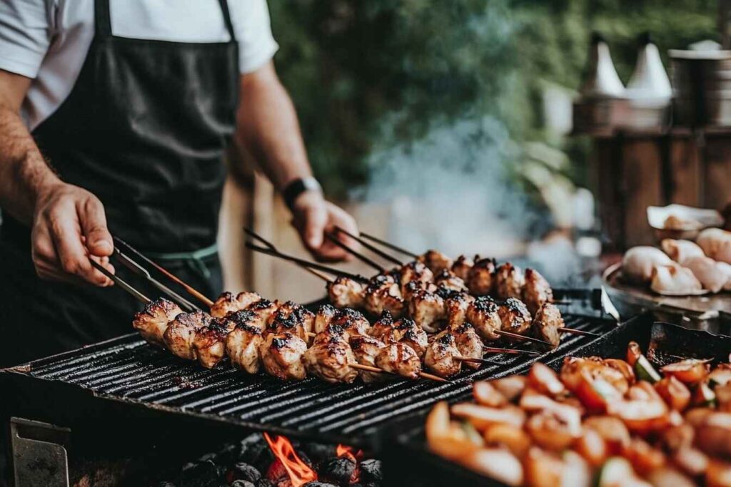 Unevenly cooked chicken skewers on a grill