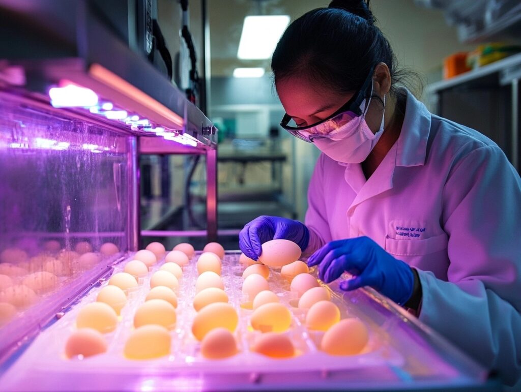 Conservationist handling eggs in an incubator.