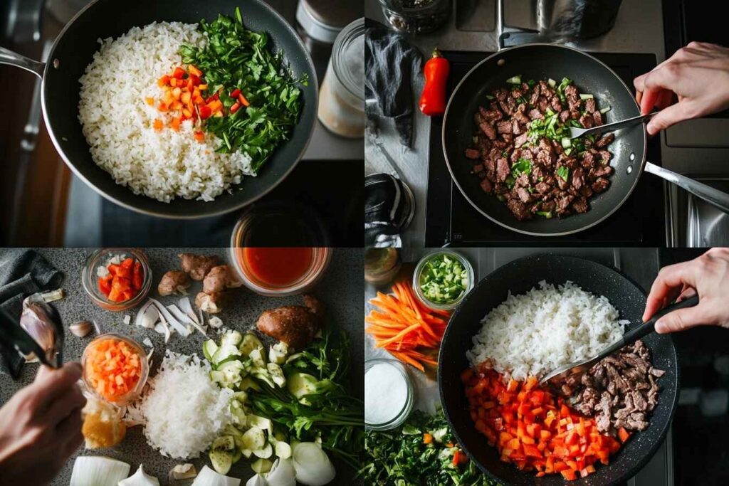 Four-step cooking process, showing rice preparation, beef sizzling, vegetables being chopped, and final assembly of the bowl