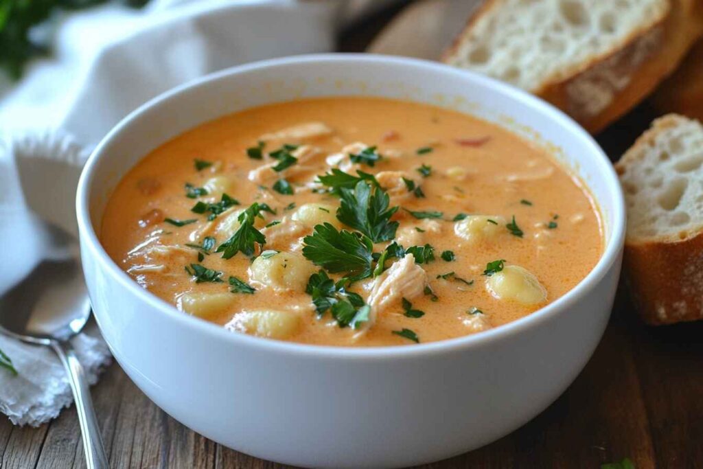 A bowl of creamy chicken gnocchi soup with parsley and bread on a wooden table