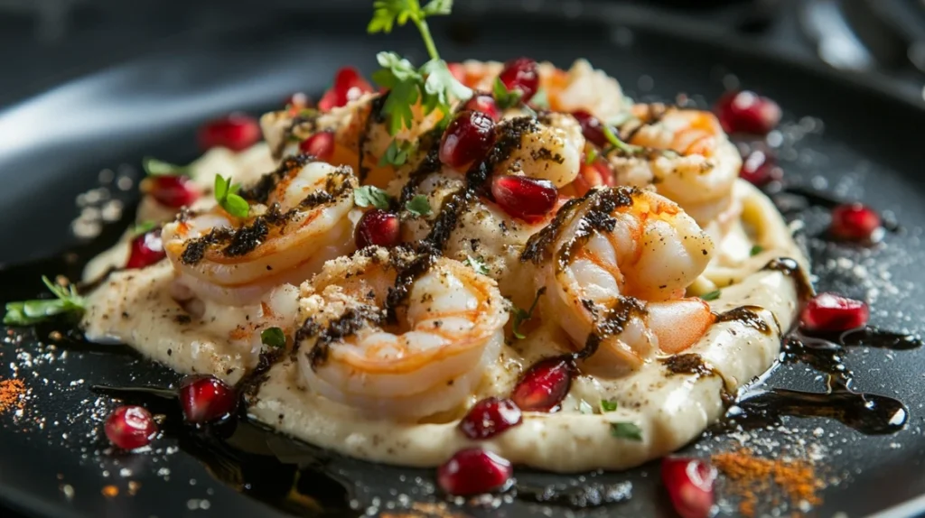 Gourmet shrimp pasta with sun-dried tomatoes, truffle oil, and pomegranate seeds