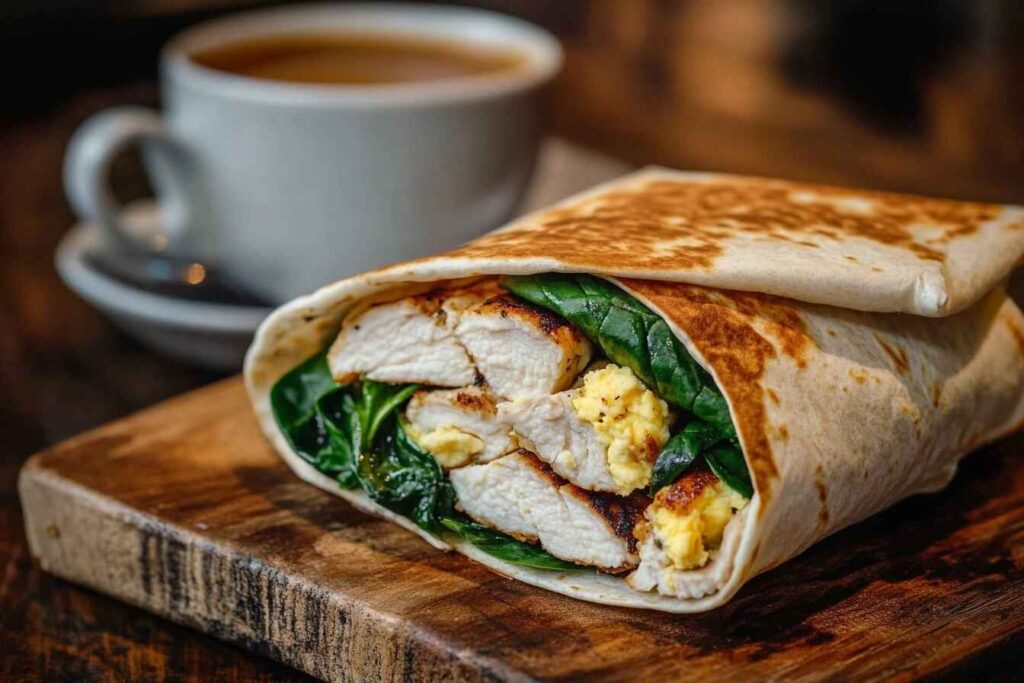 A breakfast wrap filled with spinach, grilled chicken, egg whites, and hummus on a wooden board.