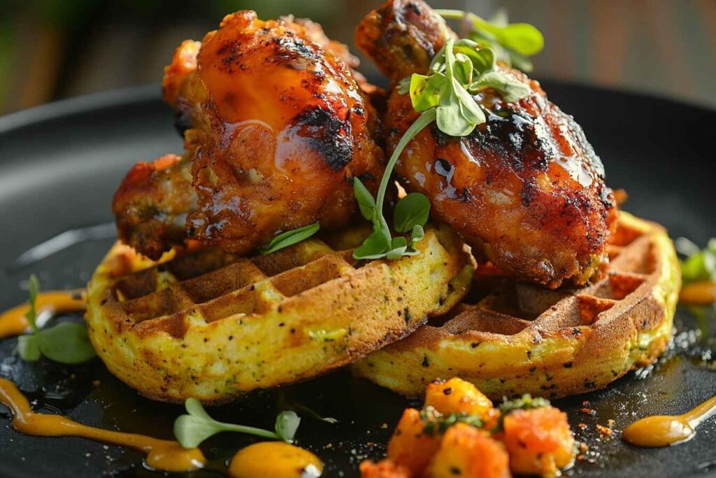 Spicy chicken wings with cornbread waffles and hot honey drizzle.