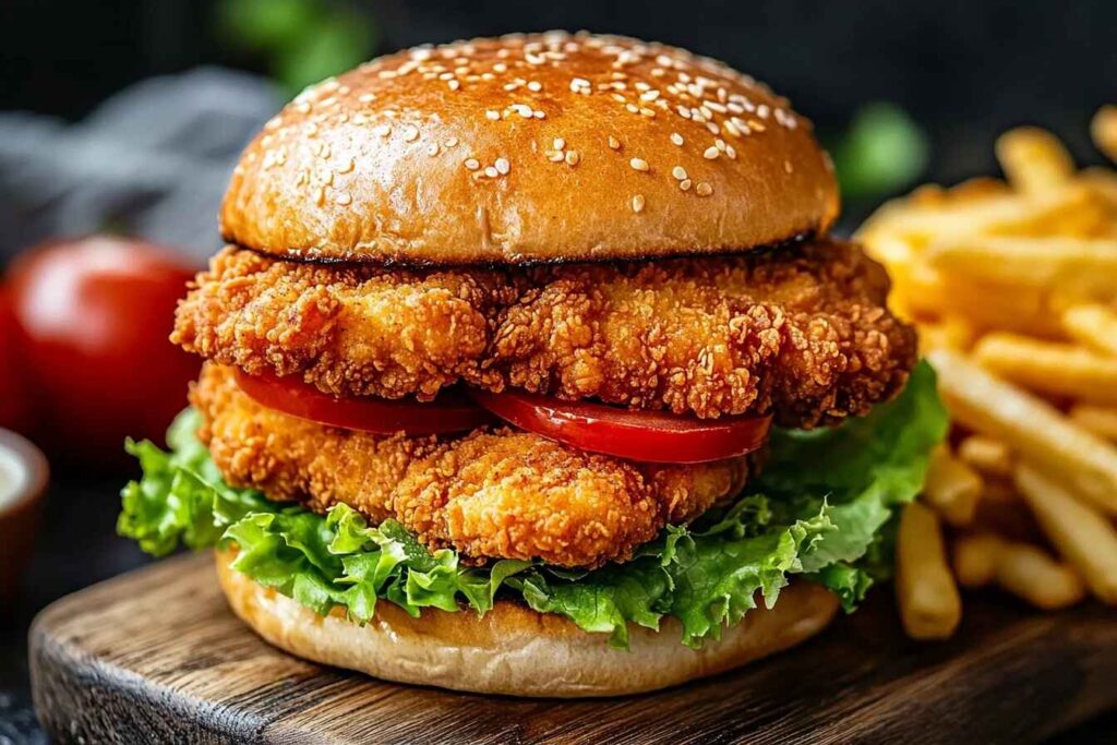 Crispy chicken sandwich with lettuce, tomato, and brioche bun on a wooden board