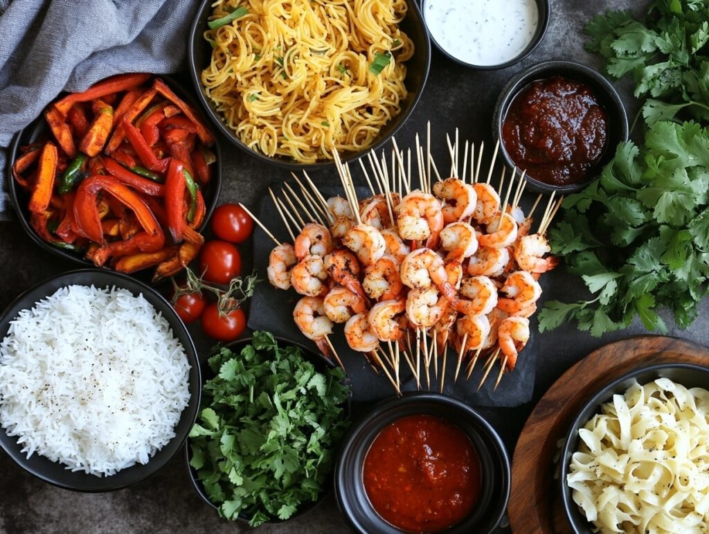 DIY Cajun shrimp bar with rice, pasta, vegetables, and sauces