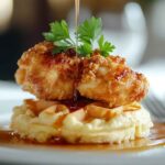 Fried chicken on top of golden waffles with maple syrup and parsley garnish, served in a cozy kitchen setting.