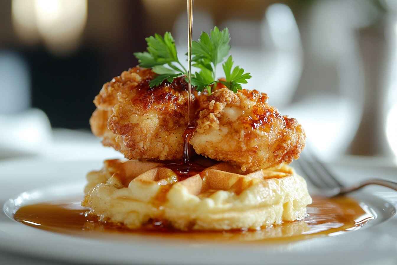 Fried chicken on top of golden waffles with maple syrup and parsley garnish, served in a cozy kitchen setting.