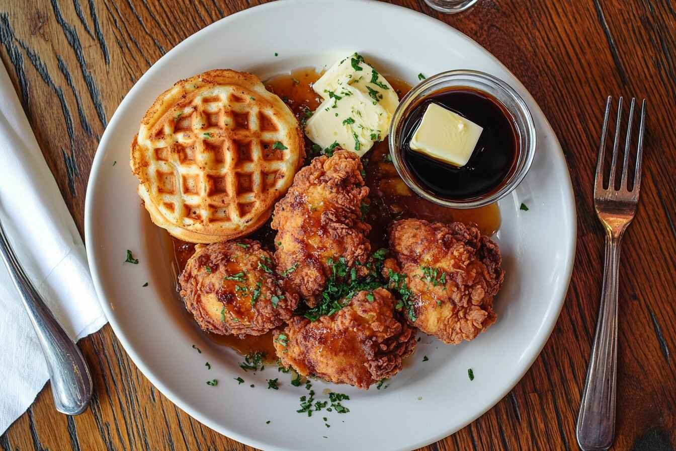 A plate of crispy fried chicken and golden waffles with maple syrup and butter