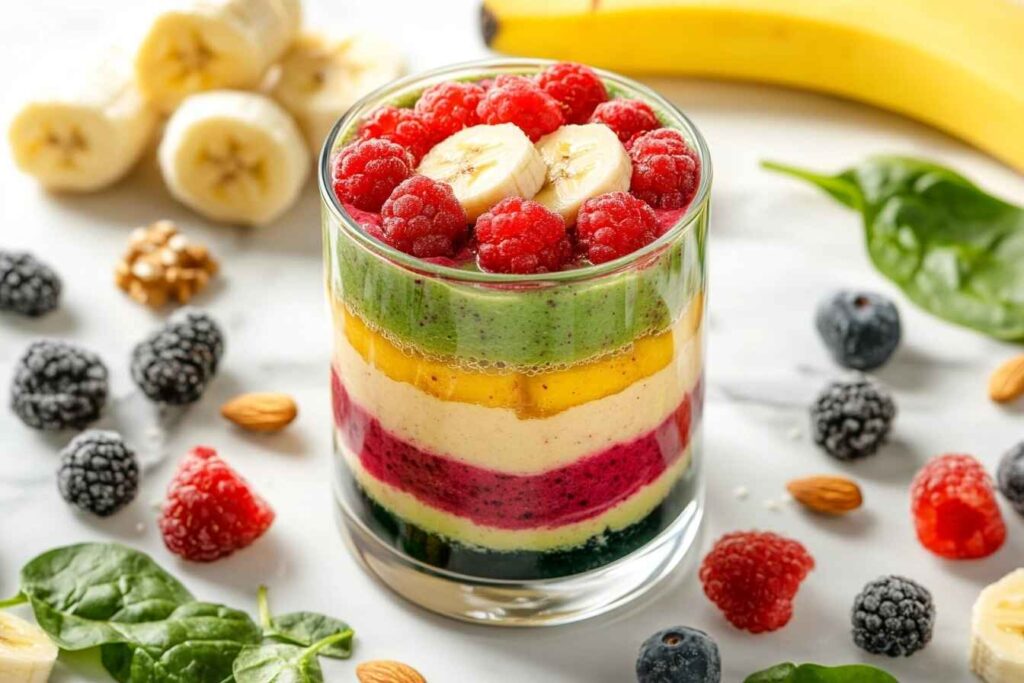Protein smoothie with layers of berries, spinach, and banana in a glass