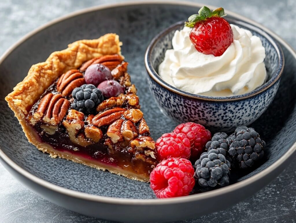 Pecan pie and fresh berries with whipped cream served as dessert after Cajun shrimp