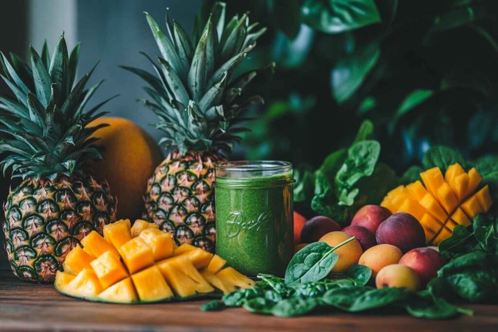 Detox Island Green Smoothie in a jar with mango, pineapple, and spinach