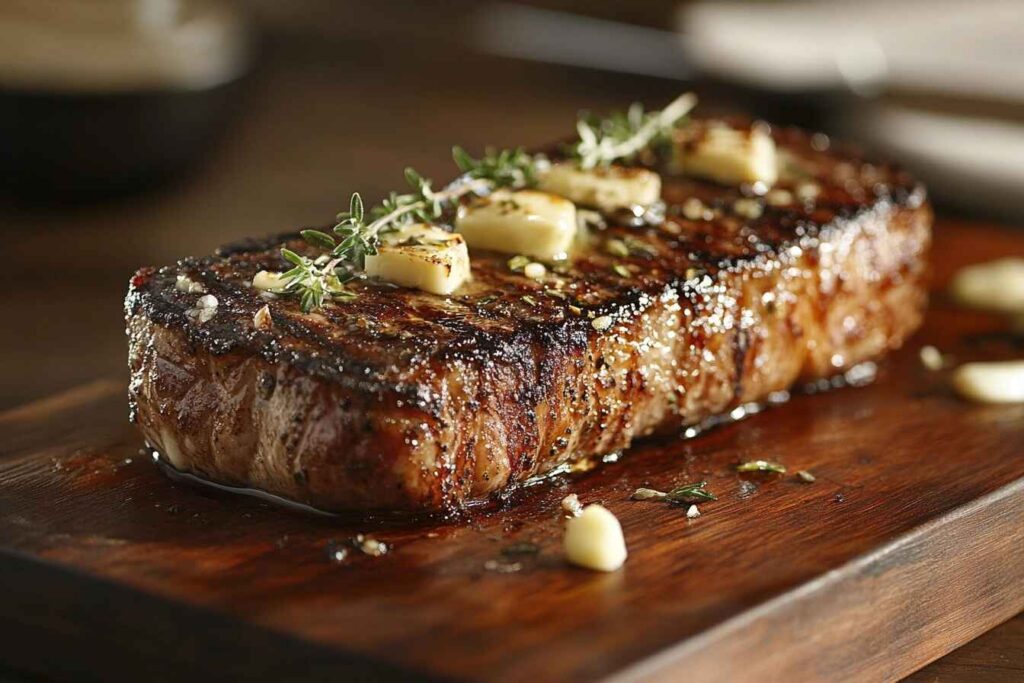 Raw Delmonico steak cuts displayed on a butcher’s board, including ribeye, chuck eye, and strip steak