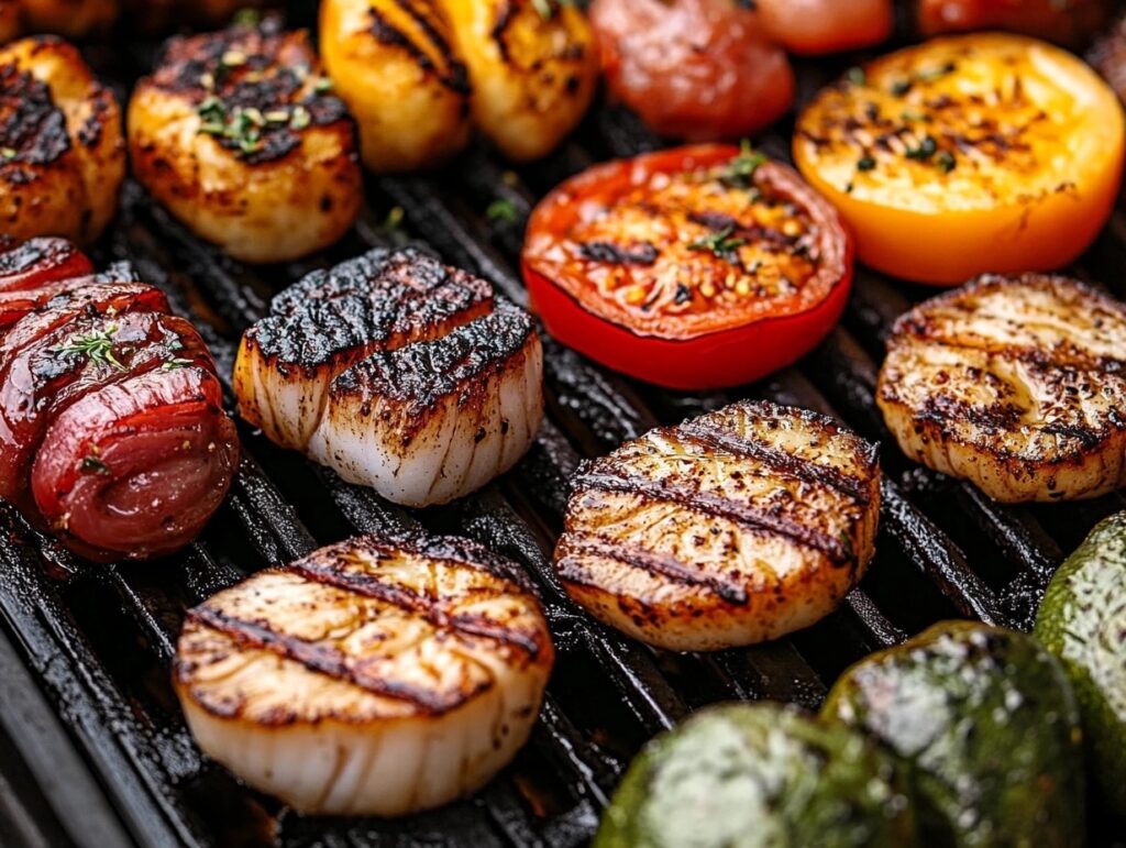 A variety of dishes including seared seafood and vegetables on a dining table