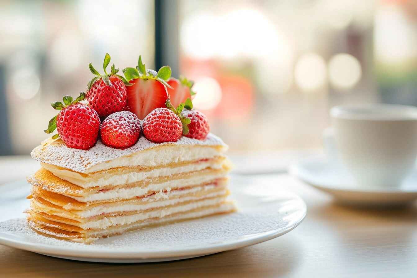 Mille crepe cake with visible layers, fresh strawberries, and powdered sugar