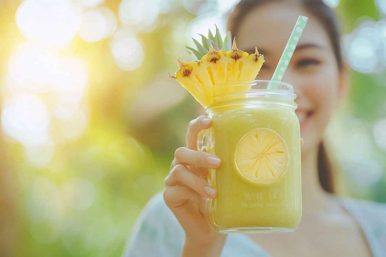 A smiling person holding a mason jar with a green detox smoothie garnished with a pineapple slice