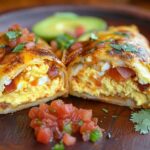 Close-up of a breakfast burrito with eggs, cheese, bacon, and avocado on a rustic plate.