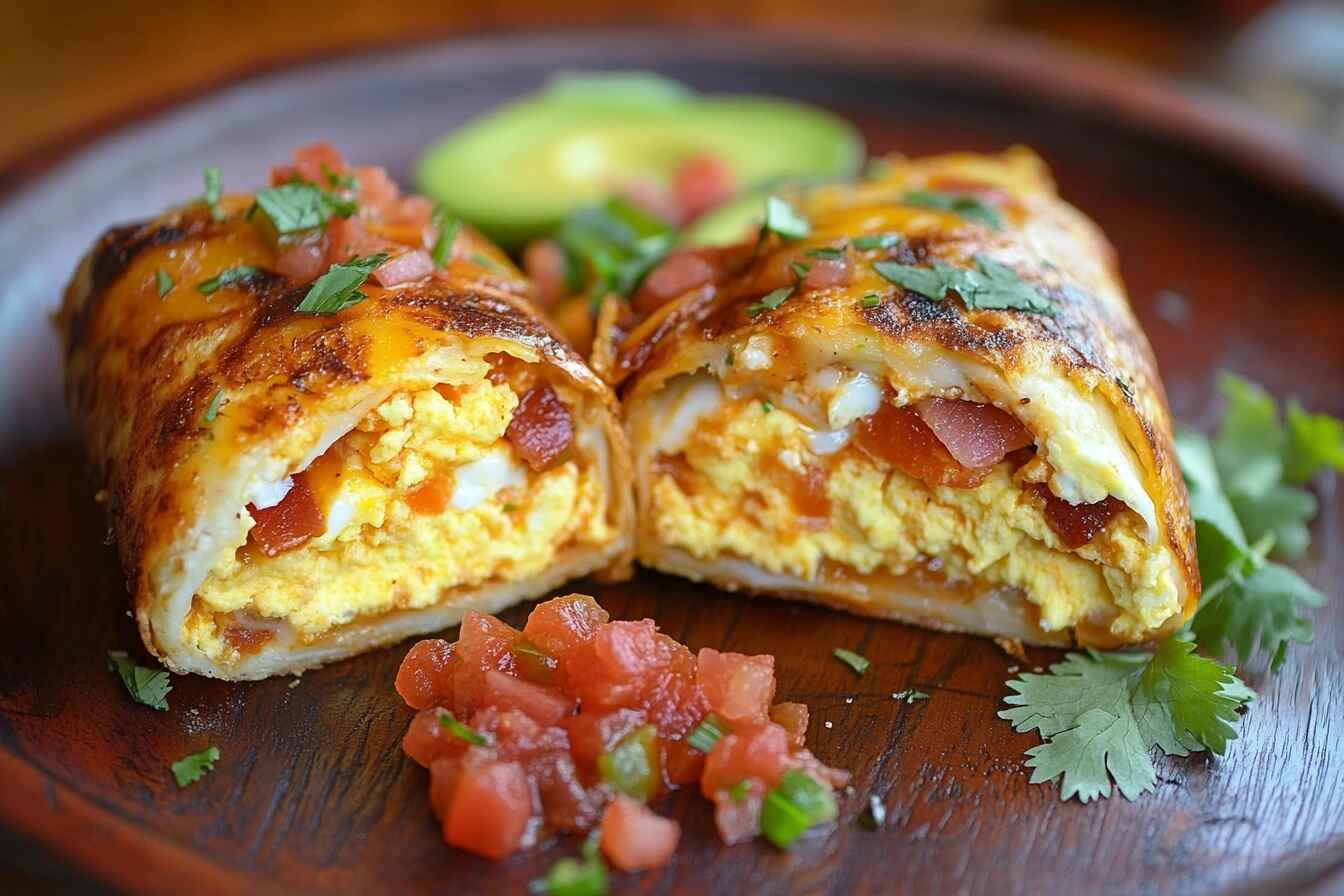 Close-up of a breakfast burrito with eggs, cheese, bacon, and avocado on a rustic plate.