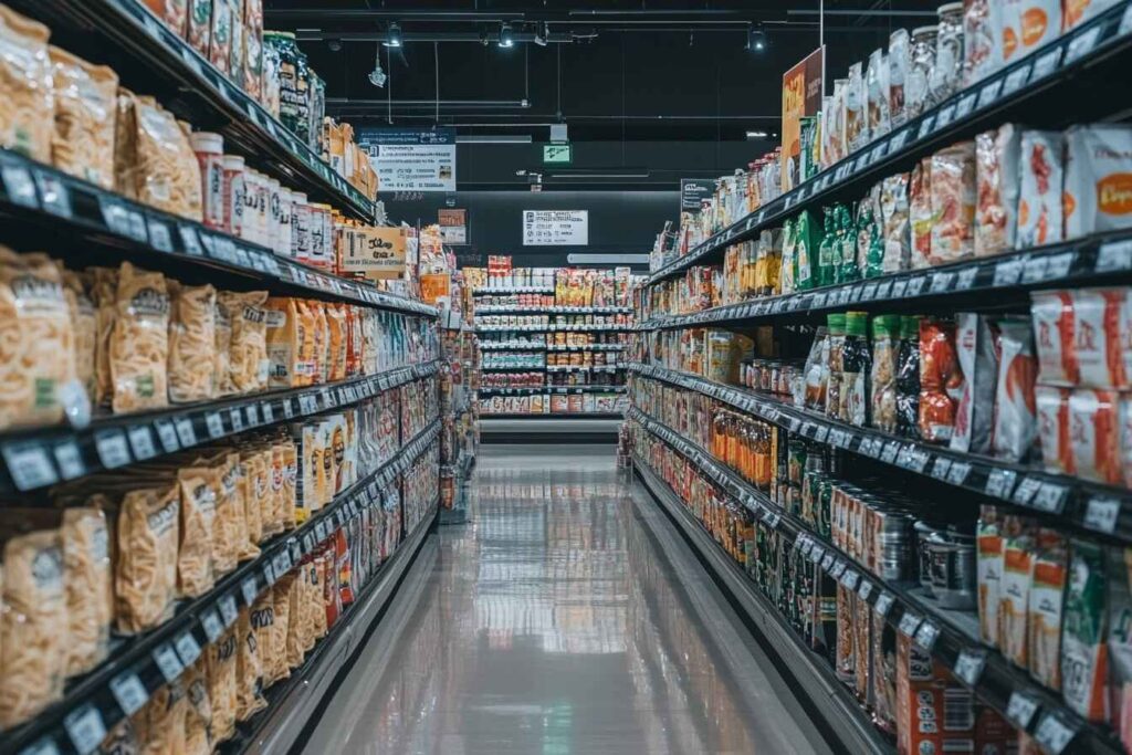 Halal-certified instant ramen packages on a grocery store shelf