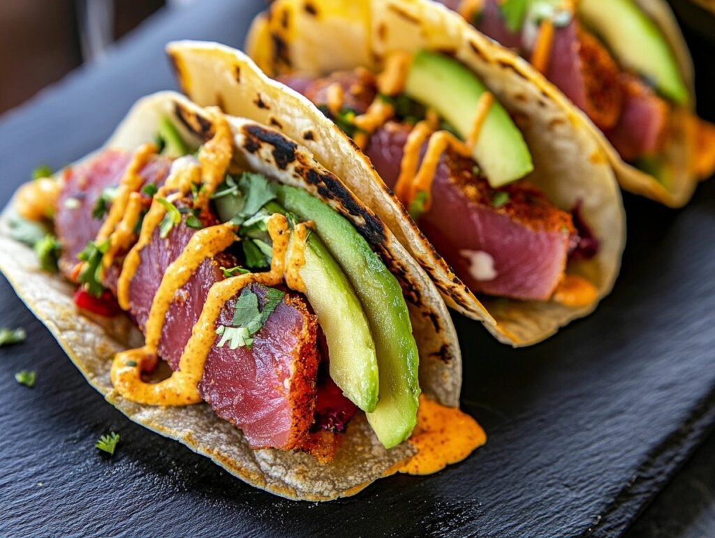 Tacos with tuna, avocado, and sauce on a modern serving platter.