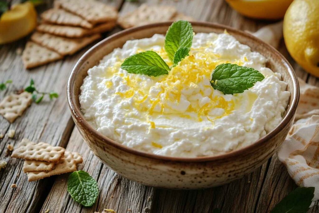 Bowl of lemon ricotta cheese garnished with lemon zest, served with crackers and mint leaves