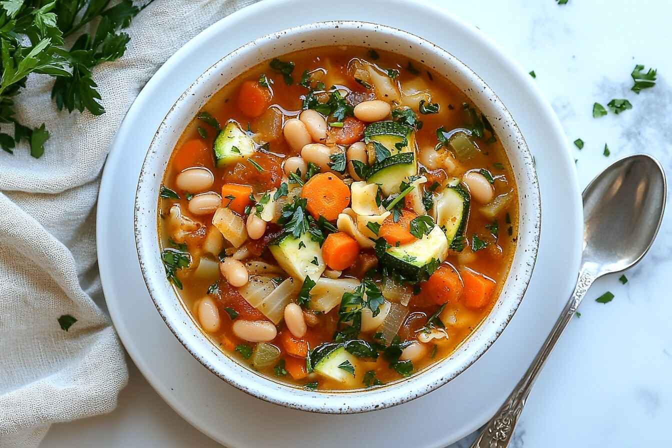 A bowl of Minestrone soup with pasta, beans, zucchini, carrots, and parsley."