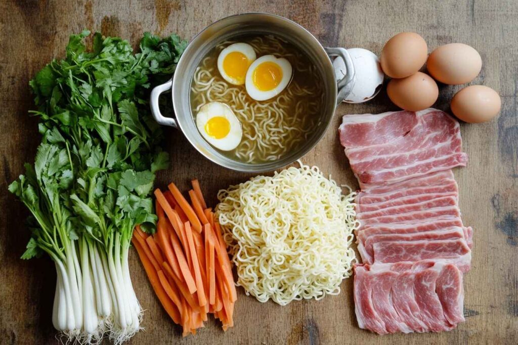 Fresh ramen ingredients including noodles, vegetables, eggs, and broth on a wooden surface