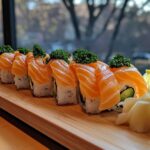 A plate of sushi topped with fresh salmon slices on a wooden board, garnished with lemon and parsley