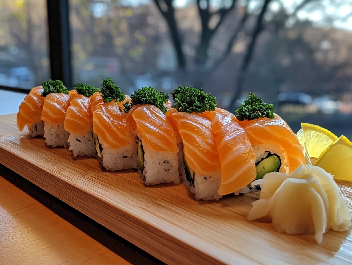 A plate of sushi topped with fresh salmon slices on a wooden board, garnished with lemon and parsley