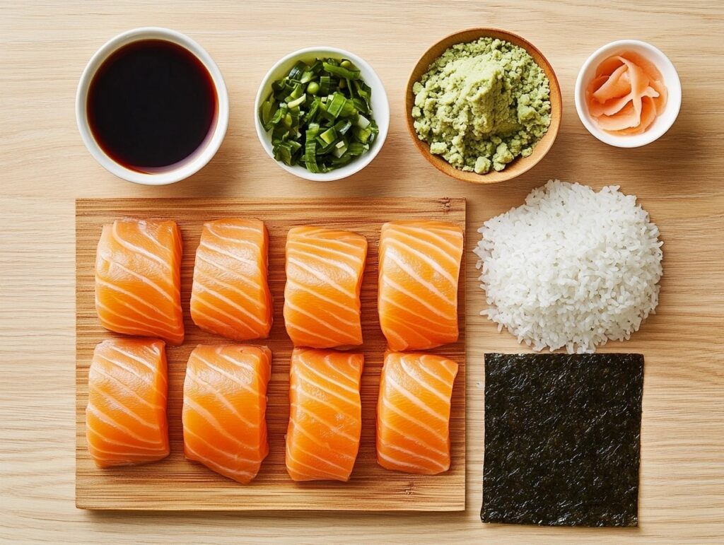 Ingredients for making sushi, featuring fresh salmon, sushi rice, nori sheets, and soy sauce on a wooden counter.