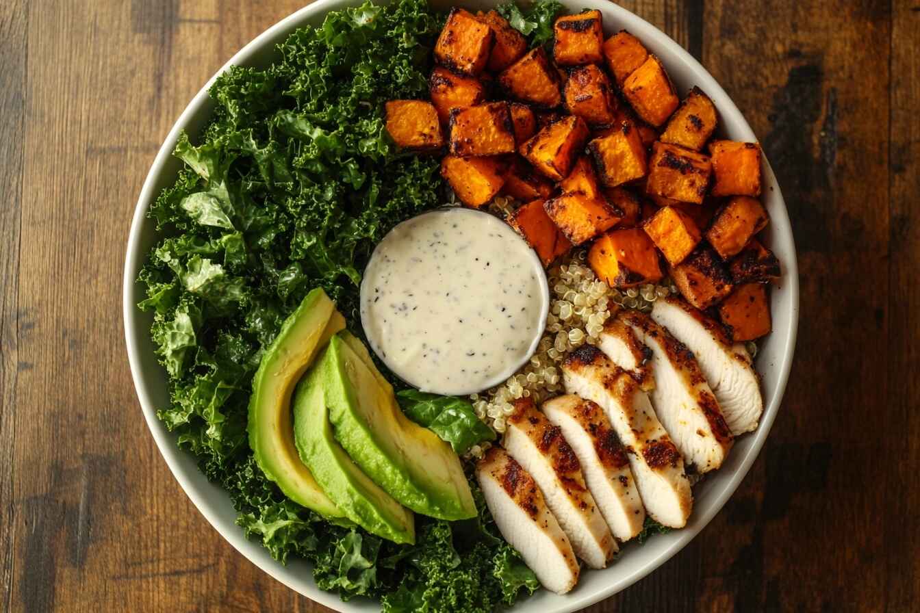 Overhead shot of a Sweetgreen salad bowl with kale, avocado, quinoa, roasted sweet potatoes, and grilled chicken