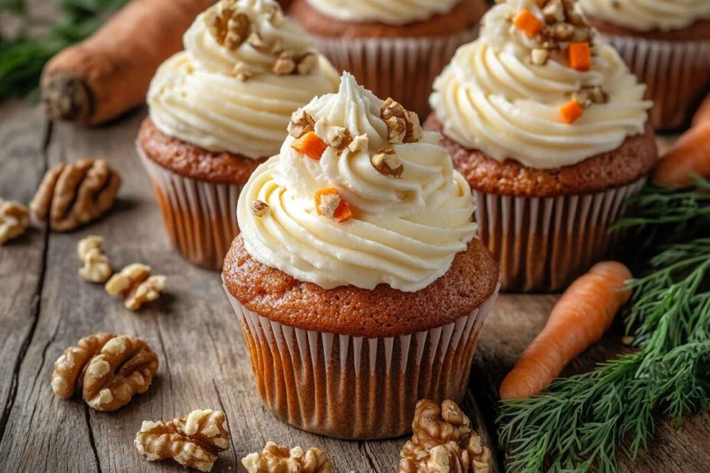 Carrot cake cupcakes with cream cheese frosting and walnut topping on a rustic wooden table