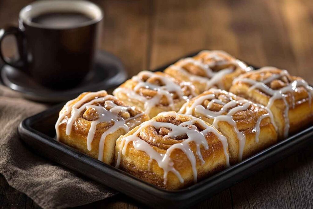 A tray of golden Rhodes cinnamon rolls drizzled with glaze, served with coffee