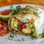 Breakfast burrito with eggs, avocado, and veggies on a plate.