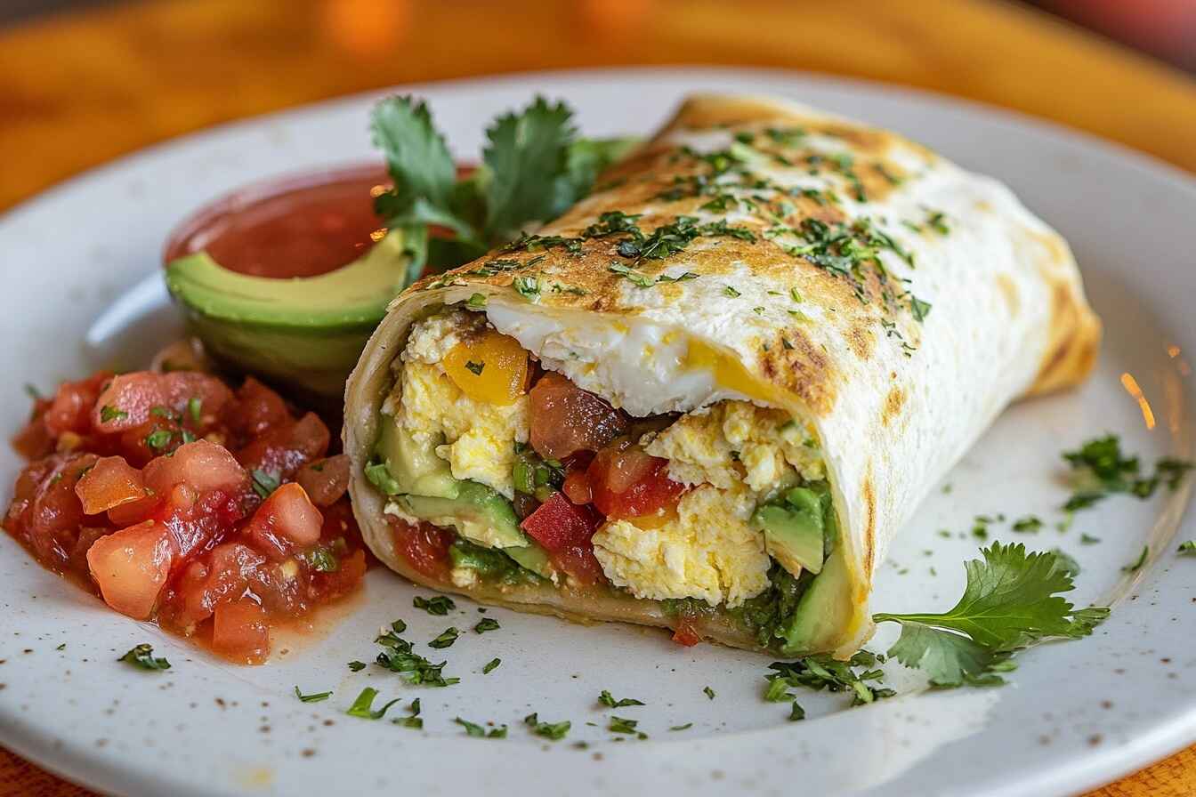 Breakfast burrito with eggs, avocado, and veggies on a plate.