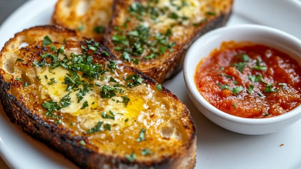 Garlic bread with melted butter and parsley on a white plate