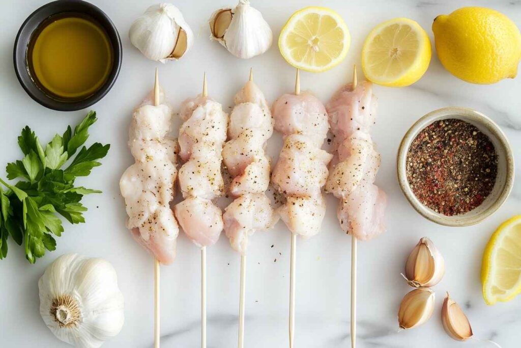 Raw chicken, garlic cloves, Parmesan cheese, olive oil, lemon, and spices displayed on a marble countertop